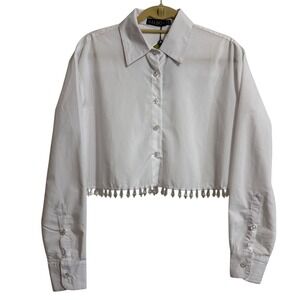 Balboa White Cropped Button Up Shirt Crystal Beaded Fringe Small NEW